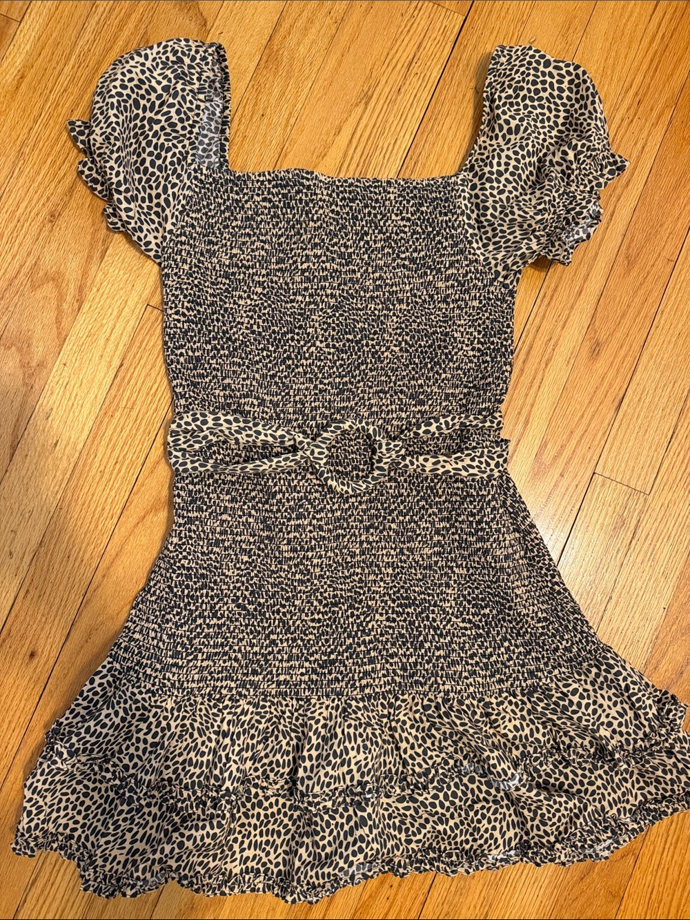 Smocked Black and Cream Mini Dress with Belt